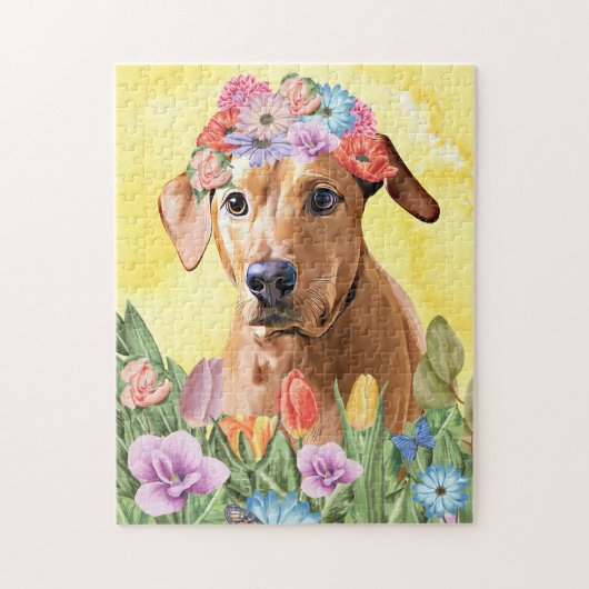 Rhodesian Rugback Hond met Bloemen Lente Legpuzzel (Verticaal)