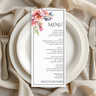 Rhododendron and peach flowers wedding menu card