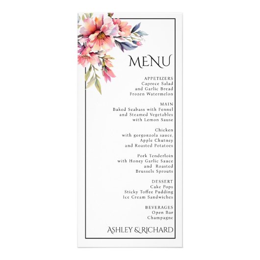 Rhododendron and peach flowers wedding menu card (Voorkant)