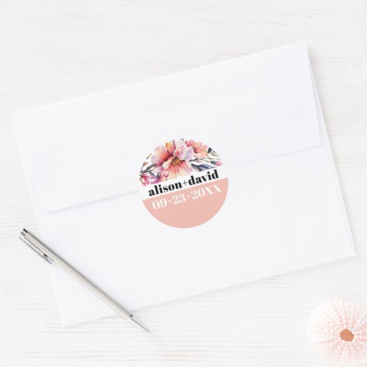Rhododendron, bold typography peach-pink wedding ronde sticker (Envelop)