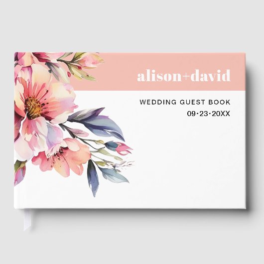 Rhododendron branch and flowers peach-pink wedding gastenboek (Voorkant)