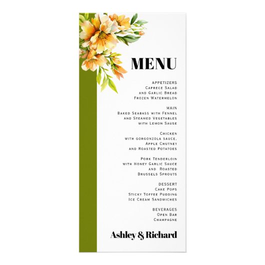 Rhododendron orange yellow fall wedding menu card (Voorkant)