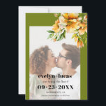 Rhododendron orange yellow flowers photo wedding save the date<br><div class="desc">This elegant fall Save the Date announcement for a wedding showcases a beautiful photo of the couple surrounded by a rhododendron branch with orange yellow flowers in the top right corner. The olive green borders add a touch of sophistication to the entire layout, perfectly complementing the modern and stylish look...</div>