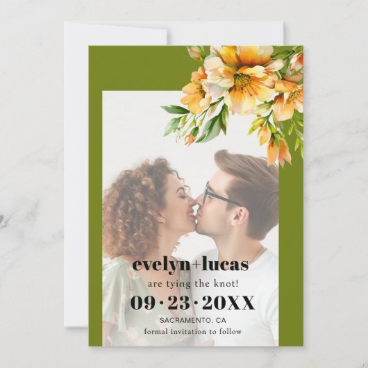Rhododendron orange yellow flowers photo wedding save the date (Voorkant)
