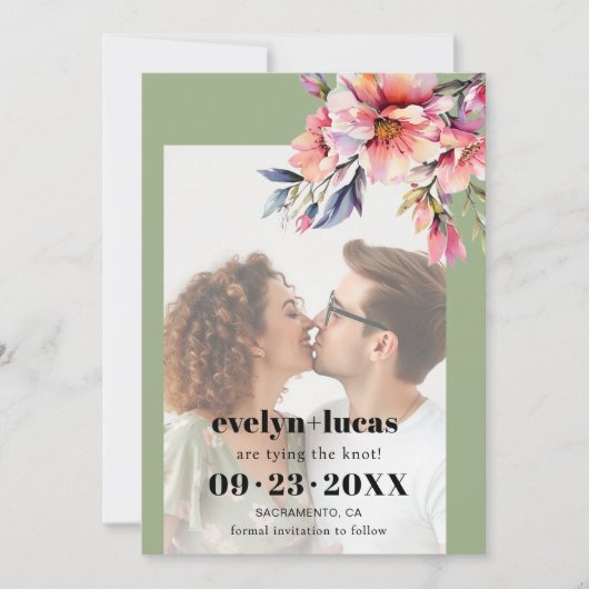 Rhododendron peach-pink flowers photo wedding save the date (Voorkant)