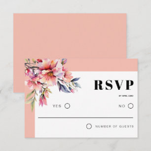 Rhododendron tak en roze perzik bloemen bruiloft RSVP kaartje