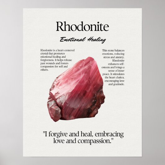 Rhodoniet Gem Crystal Betekenis Kaart Poster (Voorkant)