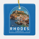 Rhodos Griekenland Illustratie Reizen Art Vintage Keramisch Ornament<br><div class="desc">Rhodes retro vector reisontwerp. Rhodos,  het grootste van de Dodekanesos-eilanden van Griekenland,  staat bekend om zijn strandresorts en oude ruïnes.</div>