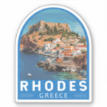 Rhodos Griekenland Illustratie Reizen Art Vintage Sticker<br><div class="desc">Rhodes retro vector reisontwerp. Rhodos,  het grootste van de Dodekanesos-eilanden van Griekenland,  staat bekend om zijn strandresorts en oude ruïnes.</div>