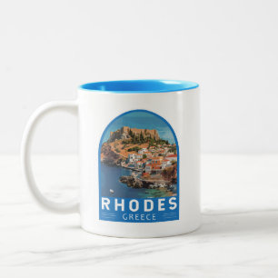 Rhodos Griekenland Illustratie Reizen Art Vintage Tweekleurige Koffiemok