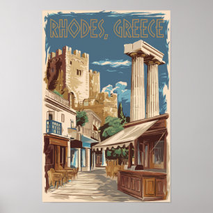 Rhodos Griekenland Ruïnes Reizen Art Vintage Poster