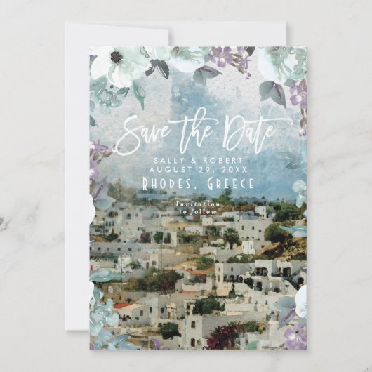 Rhodos Griekenland zomer bruiloft save the date ka Bedankkaart (Voorkant)