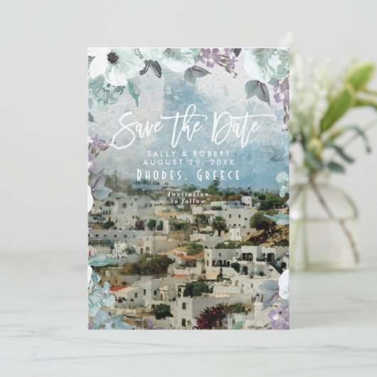 Rhodos Griekenland zomer bruiloft save the date ka Bedankkaart (Staand voorkant)