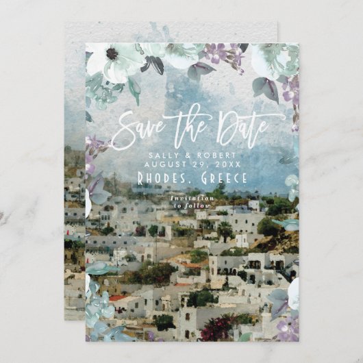 Rhodos Griekenland zomer bruiloft save the date ka Bedankkaart (Voorkant / Achterkant)