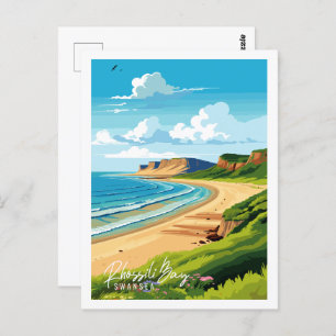 Rhossili Bay Swansea vintage reisillustratie Briefkaart