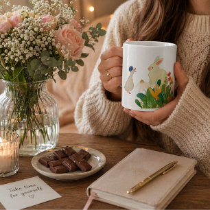 Ribbat en eend maken een praatje & bloem, grote koffiekop