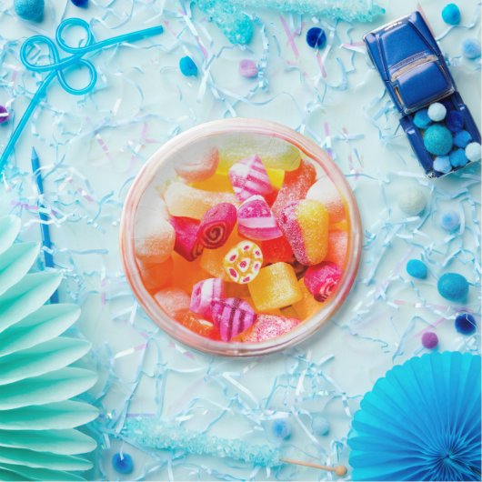 Ribbensnoeppot schattige kleurige snoepjes papieren bordje (Feest)