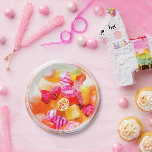 Ribbensnoeppot schattige kleurige snoepjes papieren bordje (Feest)