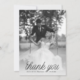 Ribbon Black Script Minimalist Wedding Photo  Bedankkaart