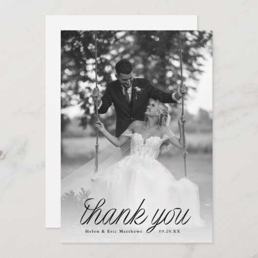 Ribbon Black Script Minimalist Wedding Photo Bedankkaart (Voorkant / Achterkant)
