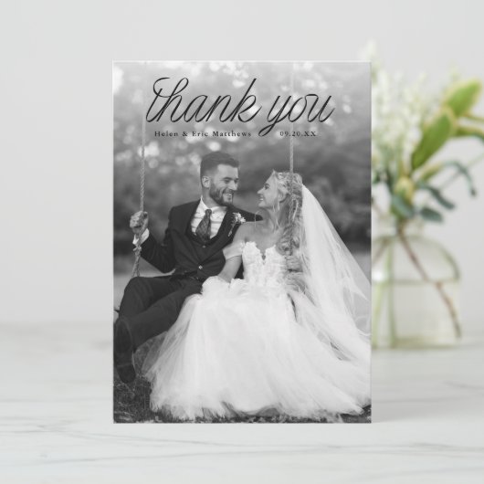 Ribbon Black Script Top Minimalist Wedding Photo  Bedankkaart (Staand voorkant)