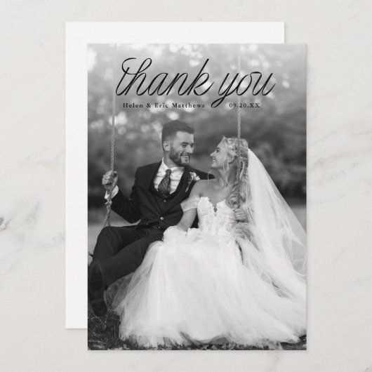 Ribbon Black Script Top Minimalist Wedding Photo  Bedankkaart (Voorkant / Achterkant)
