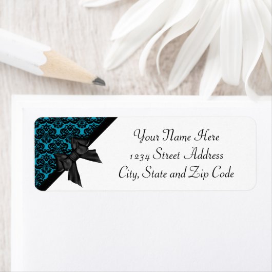 Ribbon Bow Black en Blue Damask Etiket (Insitu)