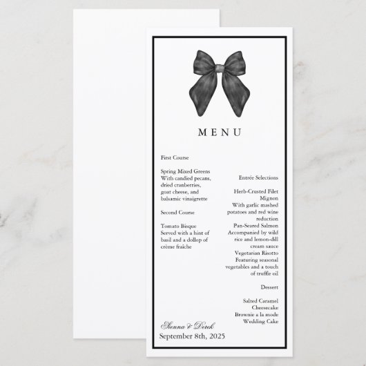 Ribbon Bow Klassieke Zwart & Wit Huwelijk Menu (Voorkant / Achterkant)