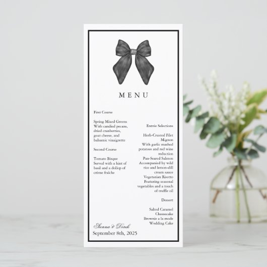 Ribbon Bow Klassieke Zwart & Wit Huwelijk Menu (Staand voorkant)