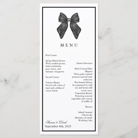 Ribbon Bow Klassieke Zwart & Wit Huwelijk Menu (Voorkant)