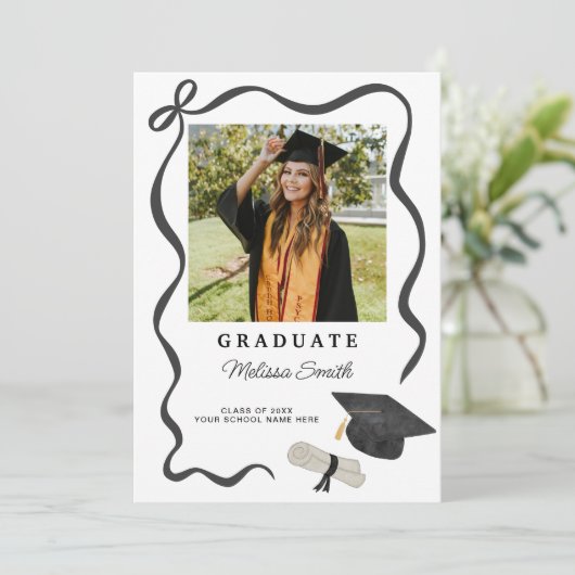 Ribbon Bow Photo Graduation Aankondiging (Staand voorkant)
