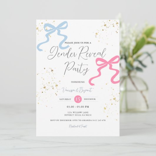 Ribbon Bow Roze & Blauw Geslacht Onthullen Gouden  Kaart (Staand voorkant)