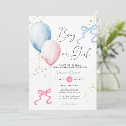 Ribbon Bow Roze & Blauw Geslacht Reveal Ballon Kaart (Staand voorkant)