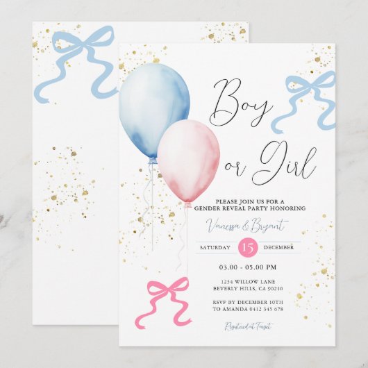 Ribbon Bow Roze & Blauw Geslacht Reveal Ballon Kaart (Voorkant / Achterkant)
