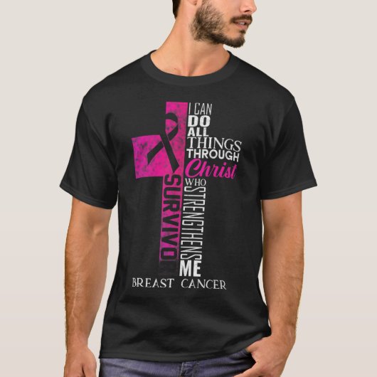 Ribbon Breast Cancer Survivor Christelijk Cross T-shirt (Voorkant)