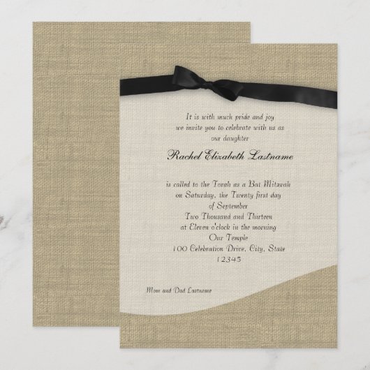 Ribbon en Burlap Bat Mitswa Kaart (Voorkant / Achterkant)