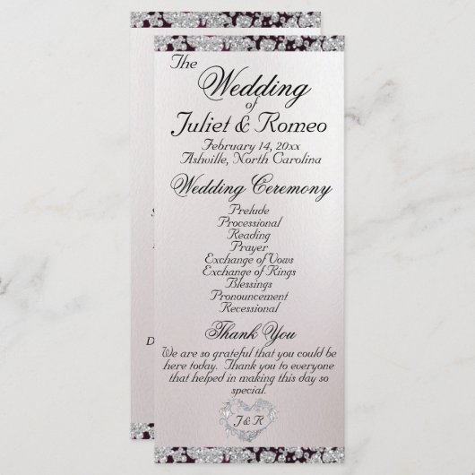 Ribbon & Glitter op Pearl - Paarse bruiloft Programmakaart (Voorkant / Achterkant)