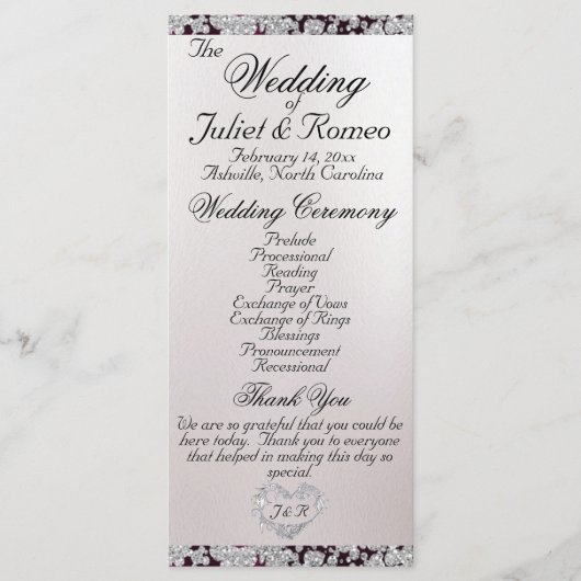 Ribbon & Glitter op Pearl - Paarse bruiloft Programmakaart (Voorkant)