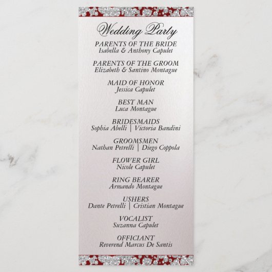 Ribbon & Glitter op Pearl - Rode bruiloft Programmakaart (Achterkant)