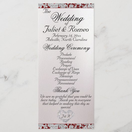 Ribbon & Glitter op Pearl - Rode bruiloft Programmakaart (Voorkant)