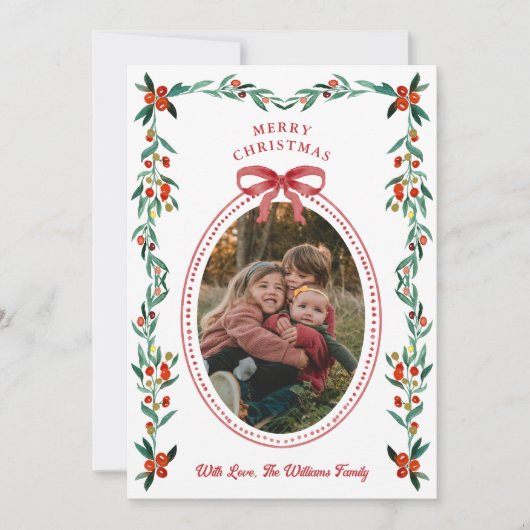 Ribbon Greenery Foto Kerst Kaart (Voorkant)