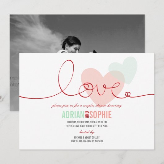 Ribbon Love Lieverd Couples Shower Party Invite Kaart (Voorkant / Achterkant)