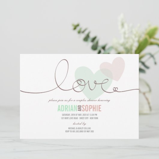 Ribbon Love SweetHeart Couples Shower Party Invite Kaart (Staand voorkant)