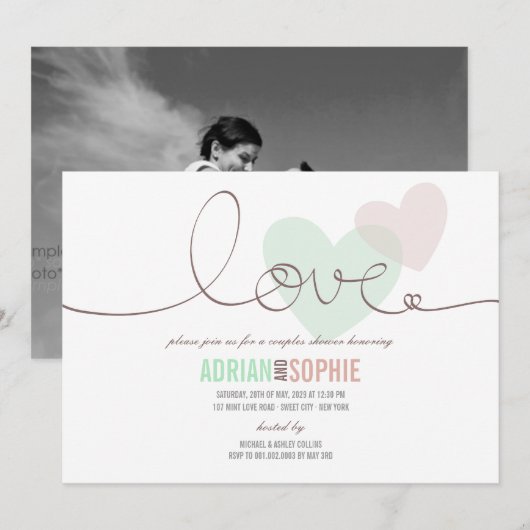 Ribbon Love SweetHeart Couples Shower Party Invite Kaart (Voorkant / Achterkant)