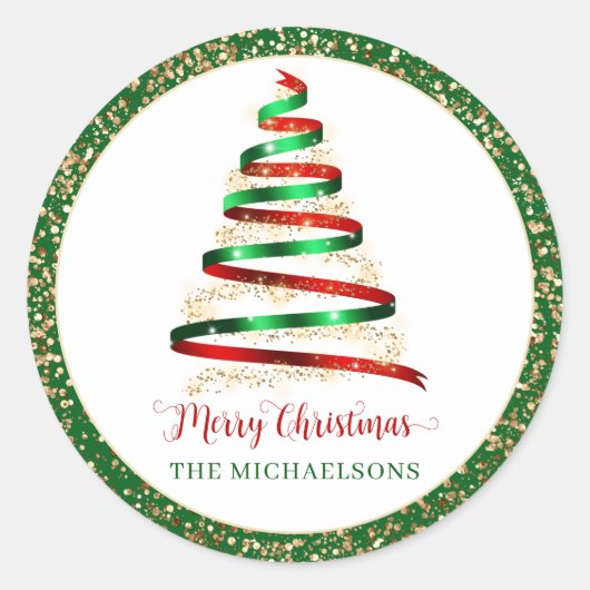 Ribbon Merry kerstboom Gold Glitter Ronde Sticker (Voorkant)