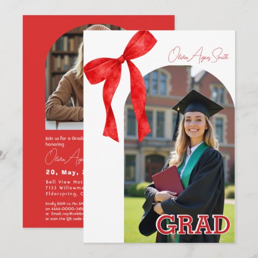 Ribbon Red Background Dual‑Photo QR Code Kaart (Voorkant / Achterkant)