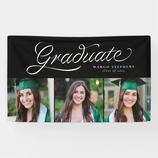 Ribbon script afstuderen trendy drie foto afstudee spandoek (Horizontaal)