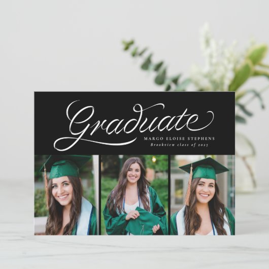 Ribbon script afstuderen trendy drie foto's kaart (Staand voorkant)