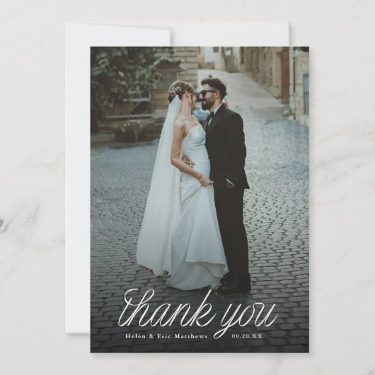 Ribbon Script Minimalist Wedding Photo  Bedankkaart (Voorkant)