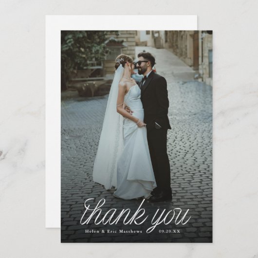Ribbon Script Minimalist Wedding Photo Bedankkaart (Voorkant / Achterkant)